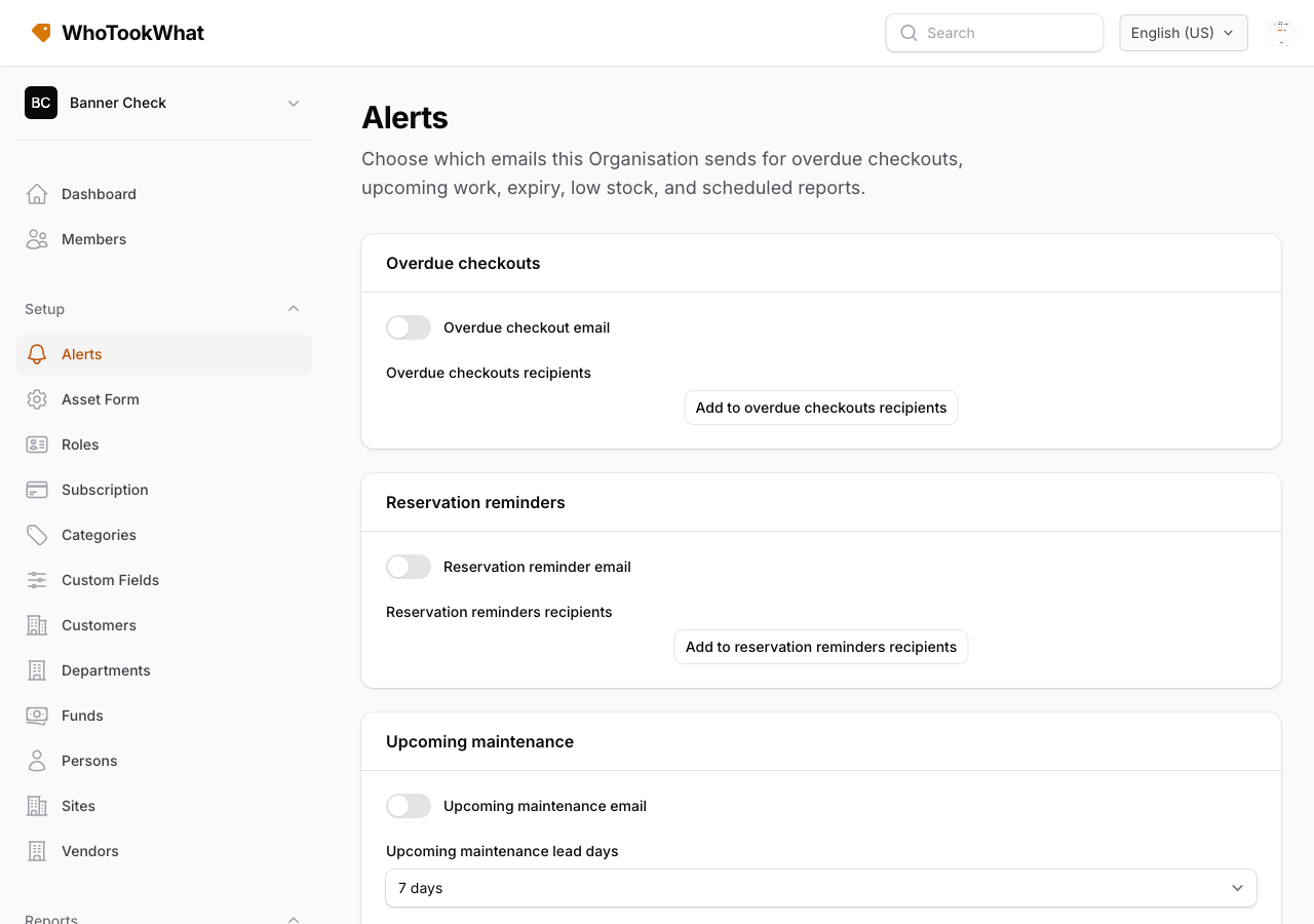 The Alerts page with overdue, reservation, and maintenance toggles