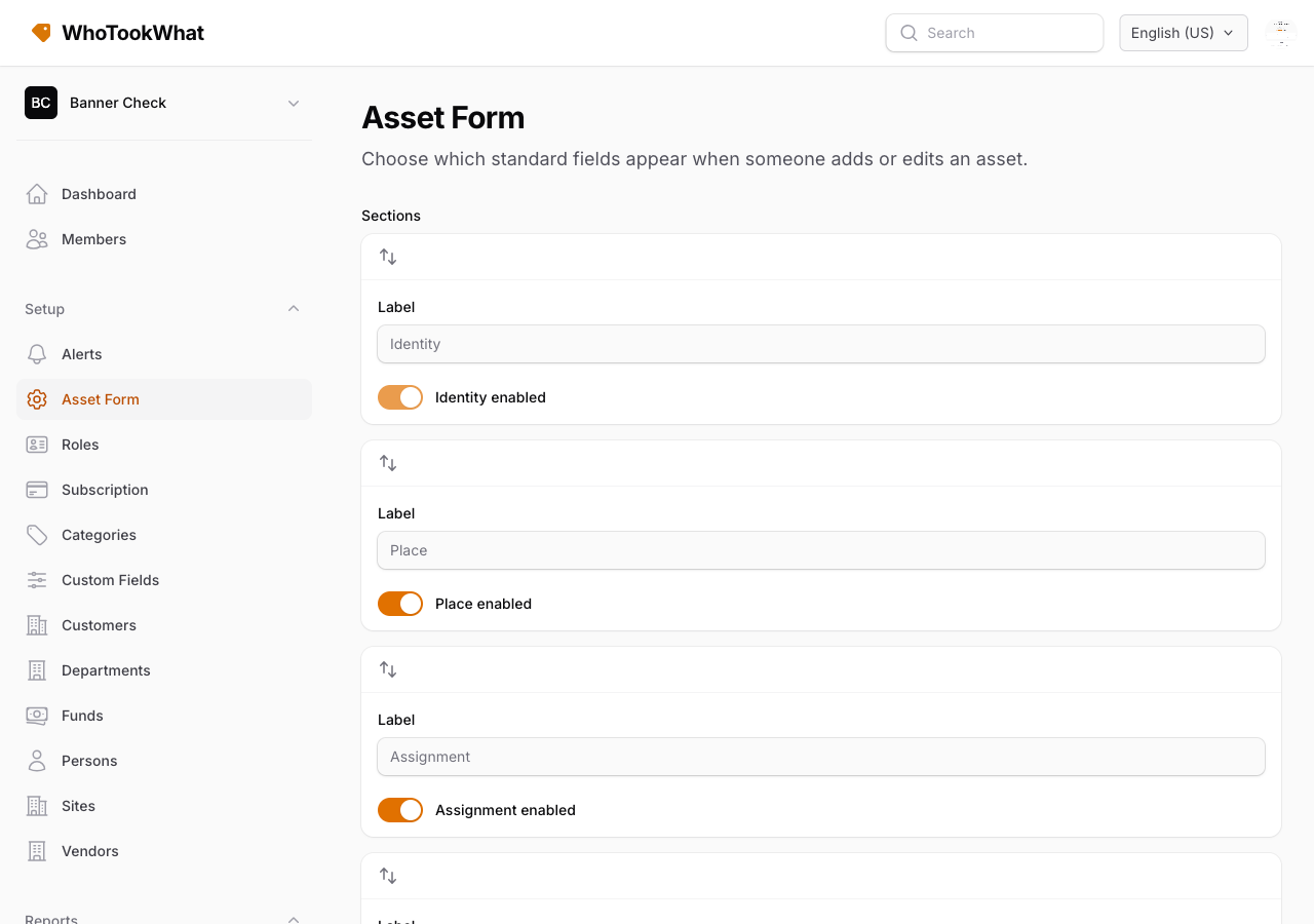 The Asset Form settings with visible and required columns