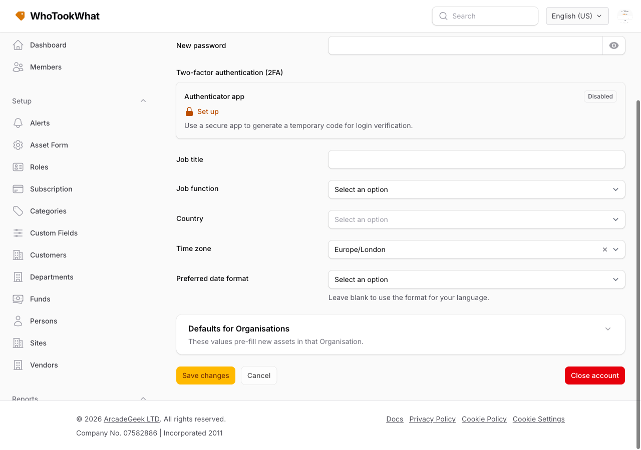 The Profile page with the Close account button