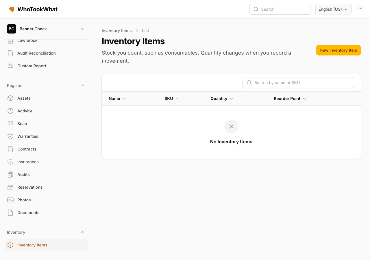 The Inventory items list