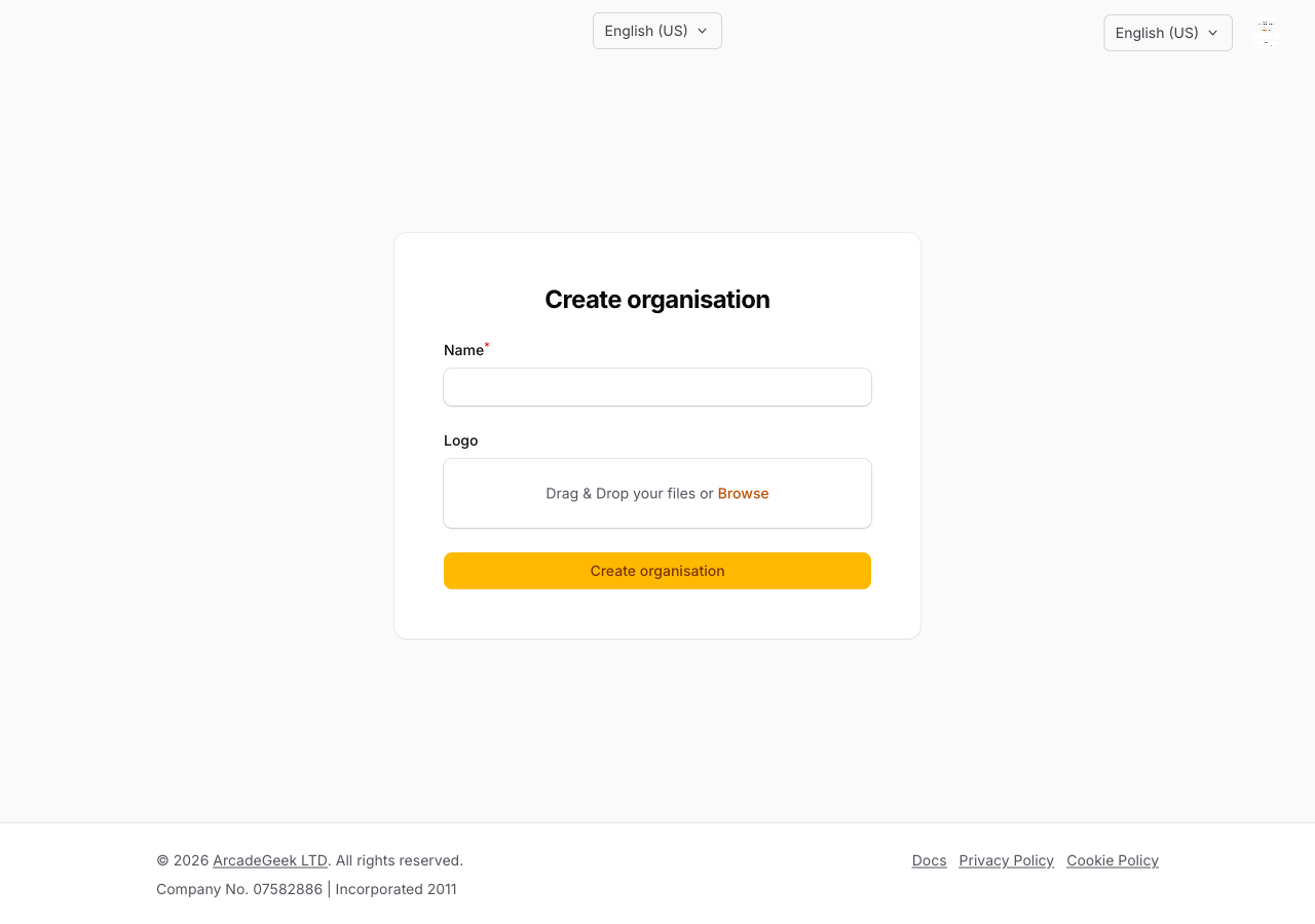 The Create Organisation form with a name field and optional logo