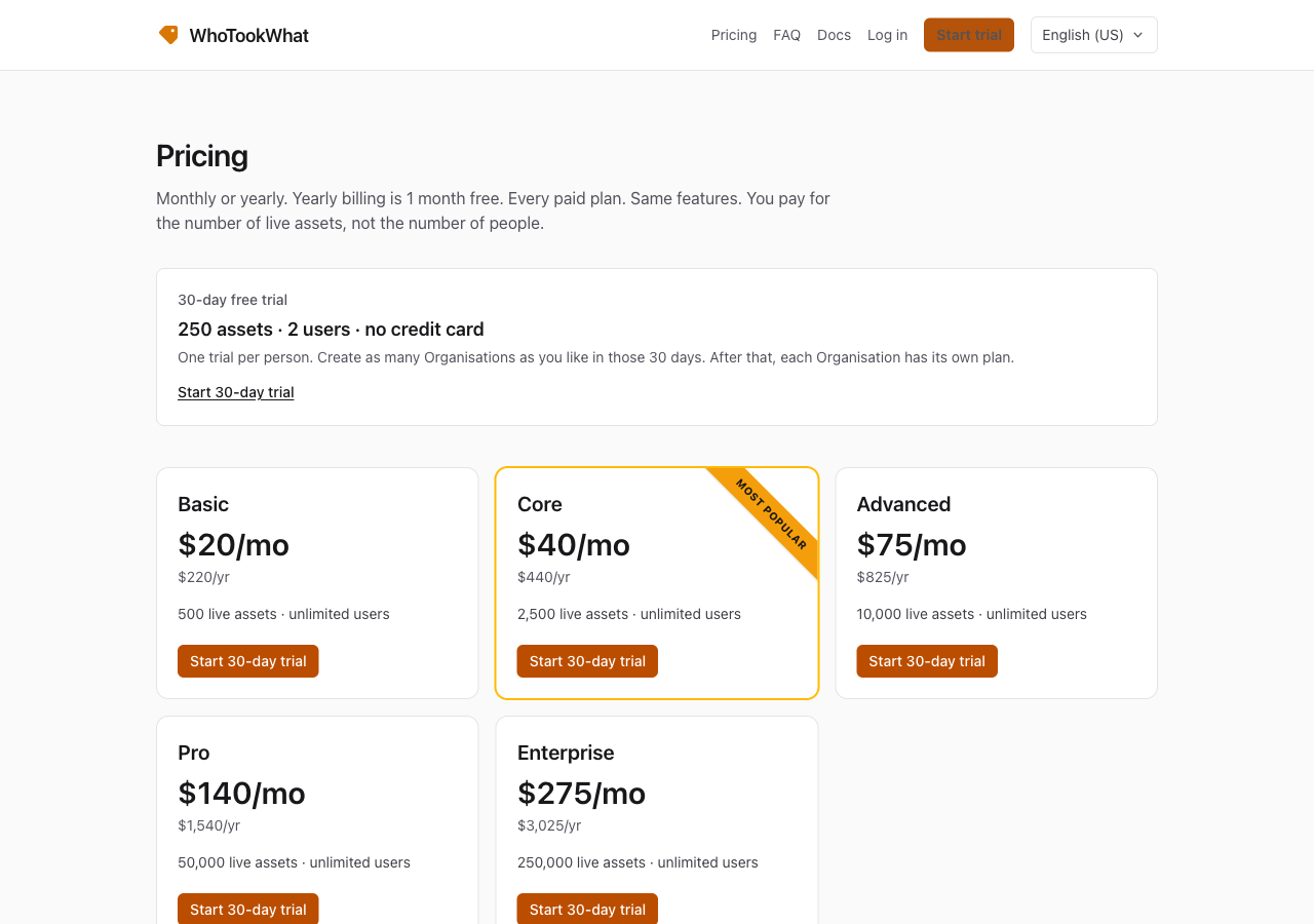 The public pricing table with monthly and yearly plans