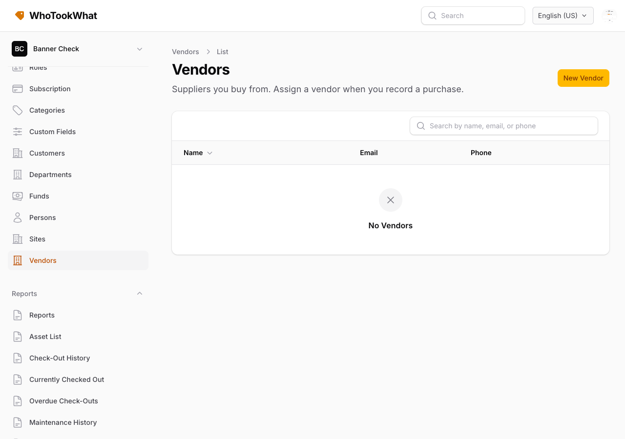 The Vendors list